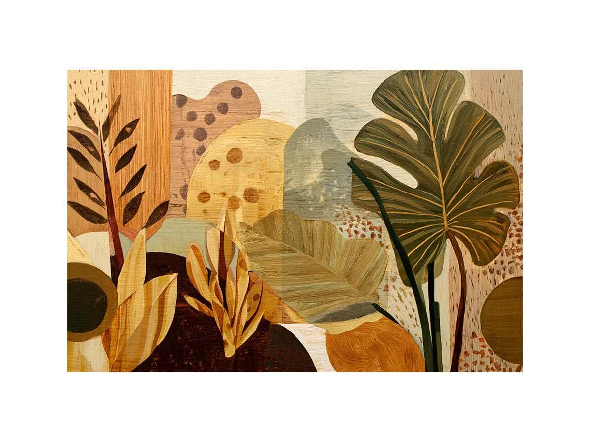 Warm tropical leaf canvas art for earthy living room decor.