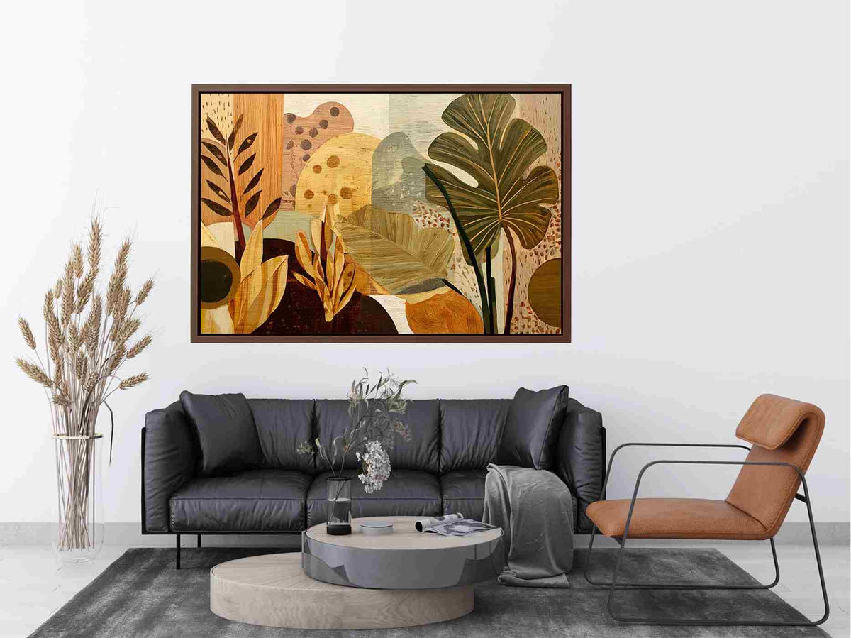 Warm tropical leaf canvas art for earthy living room decor.