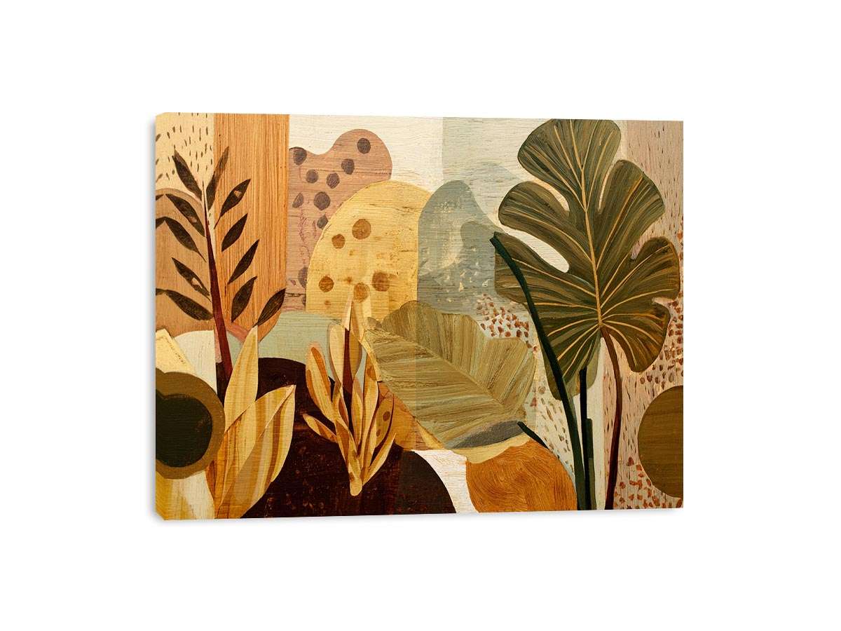 Warm tropical leaf canvas art for earthy living room decor.