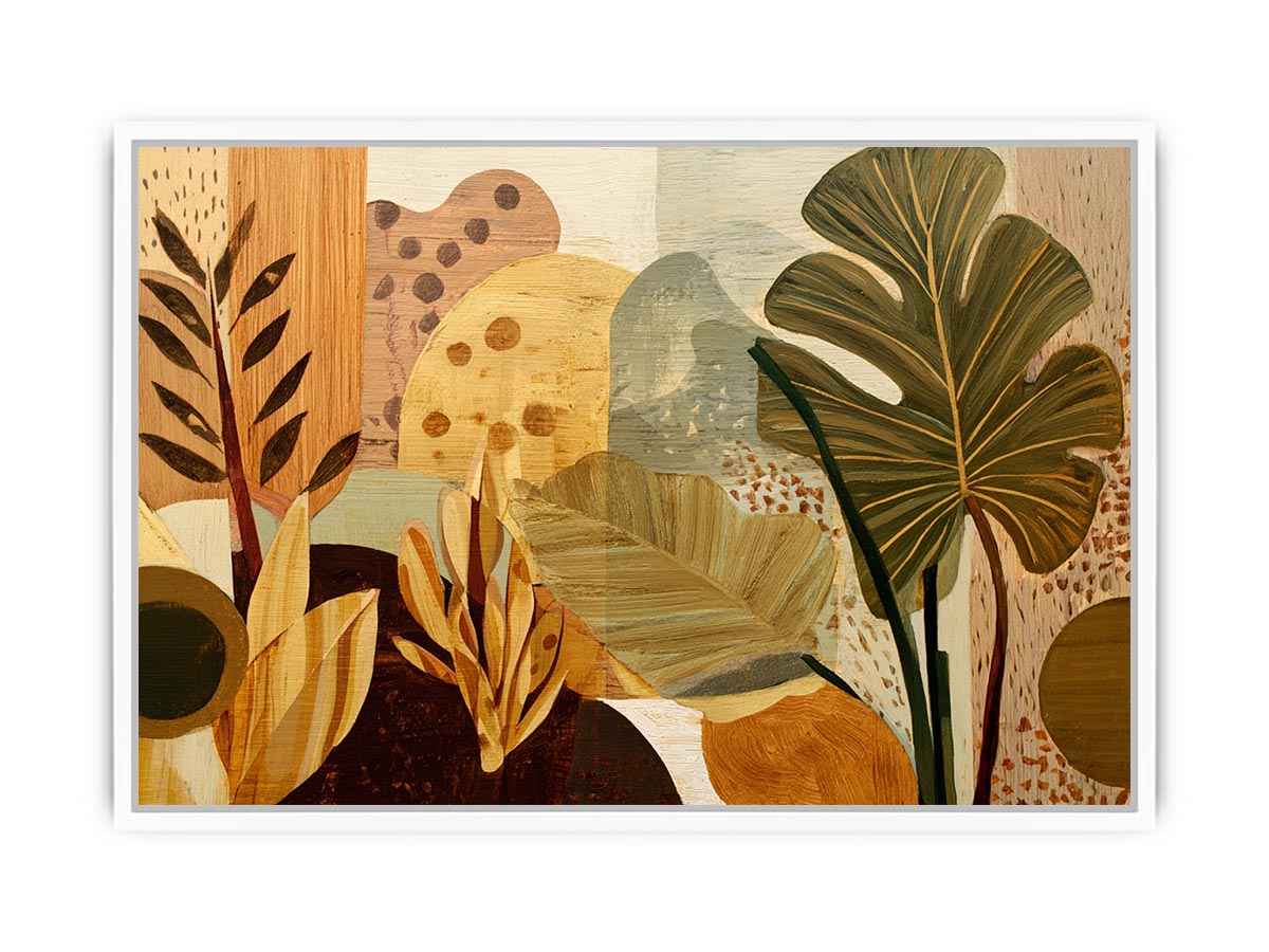Warm tropical leaf canvas art for earthy living room decor.