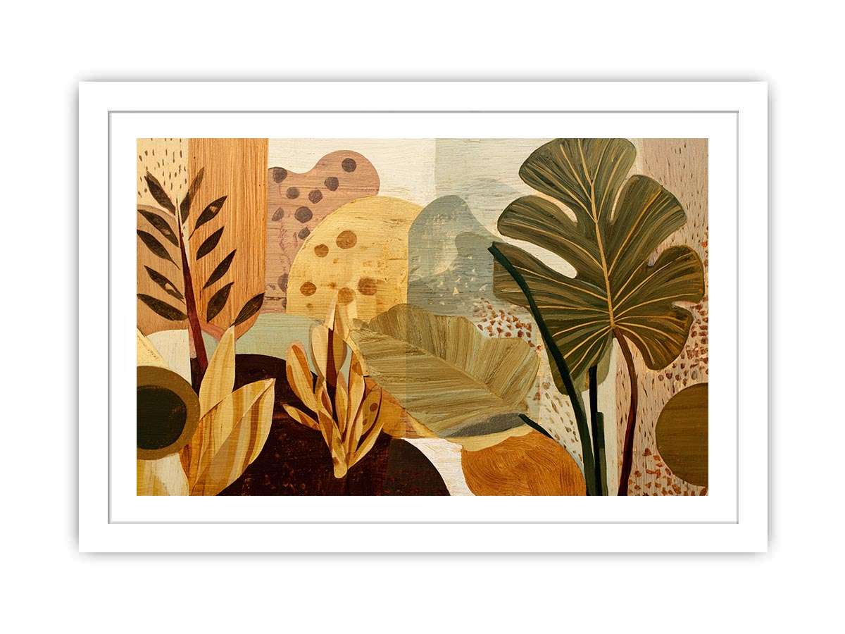 Warm tropical leaf canvas art for earthy living room decor.