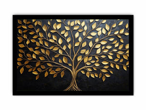 Gold tree canvas wall art on black background for luxury living room decor.