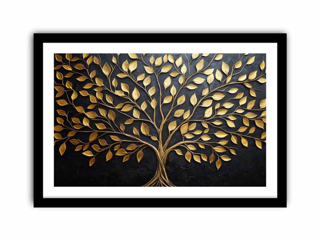 Gold tree canvas wall art on black background for luxury living room decor.