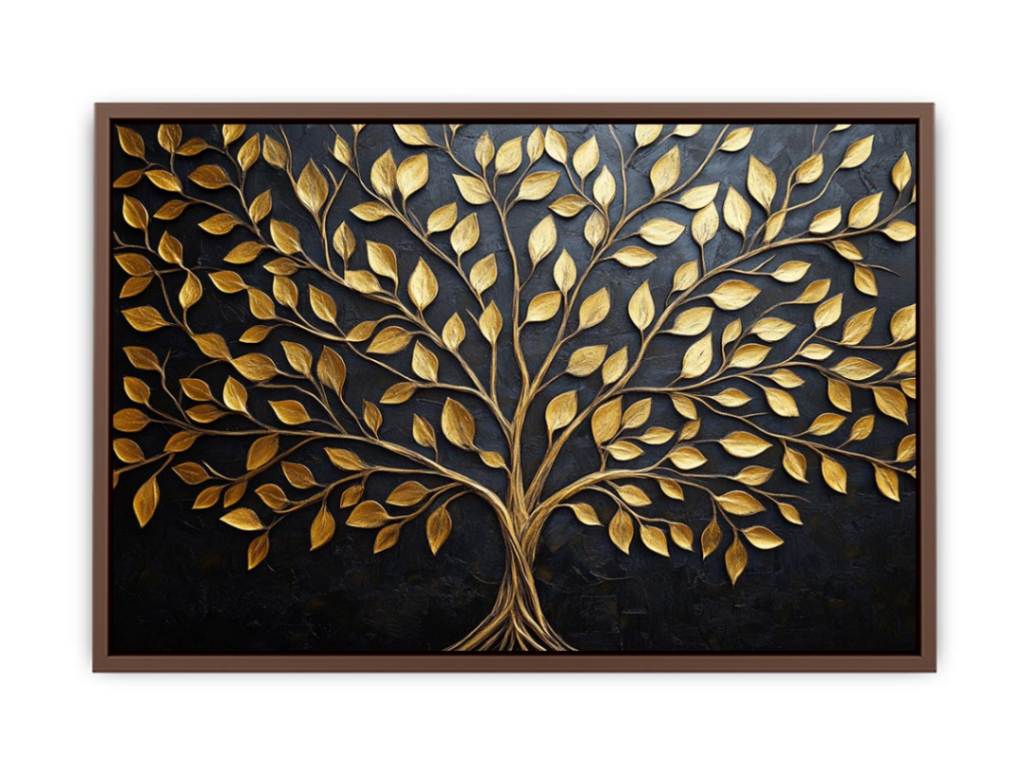 Gold tree canvas wall art on black background for luxury living room decor.