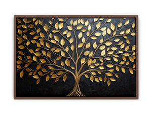 Gold tree canvas wall art on black background for luxury living room decor.