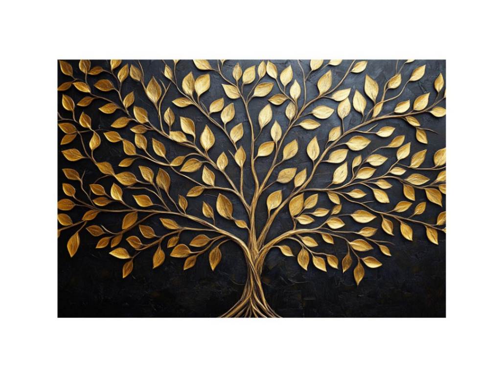 Gold tree canvas wall art on black background for luxury living room decor.
