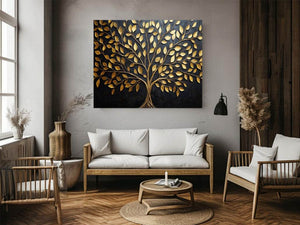 Gold tree canvas wall art on black background for luxury living room decor.