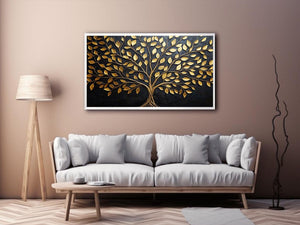 Gold tree canvas wall art on black background for luxury living room decor.