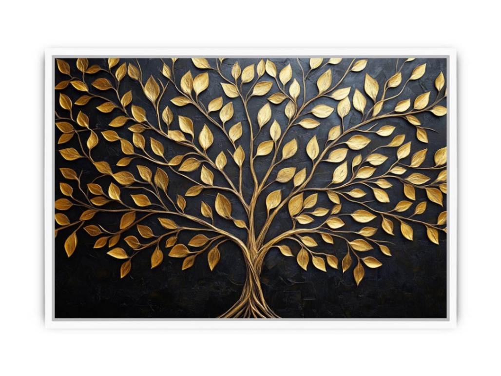 Gold tree canvas wall art on black background for luxury living room decor.