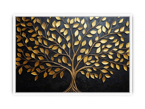 Gold tree canvas wall art on black background for luxury living room decor.