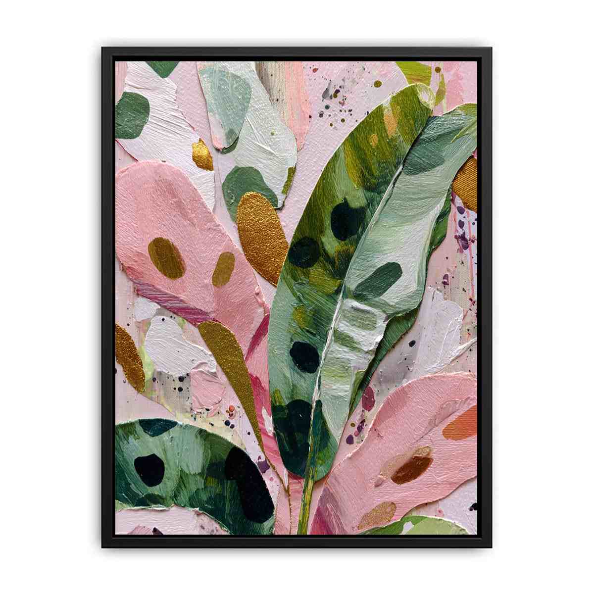 Colorful pink and green botanical canvas art for modern bedroom decor.