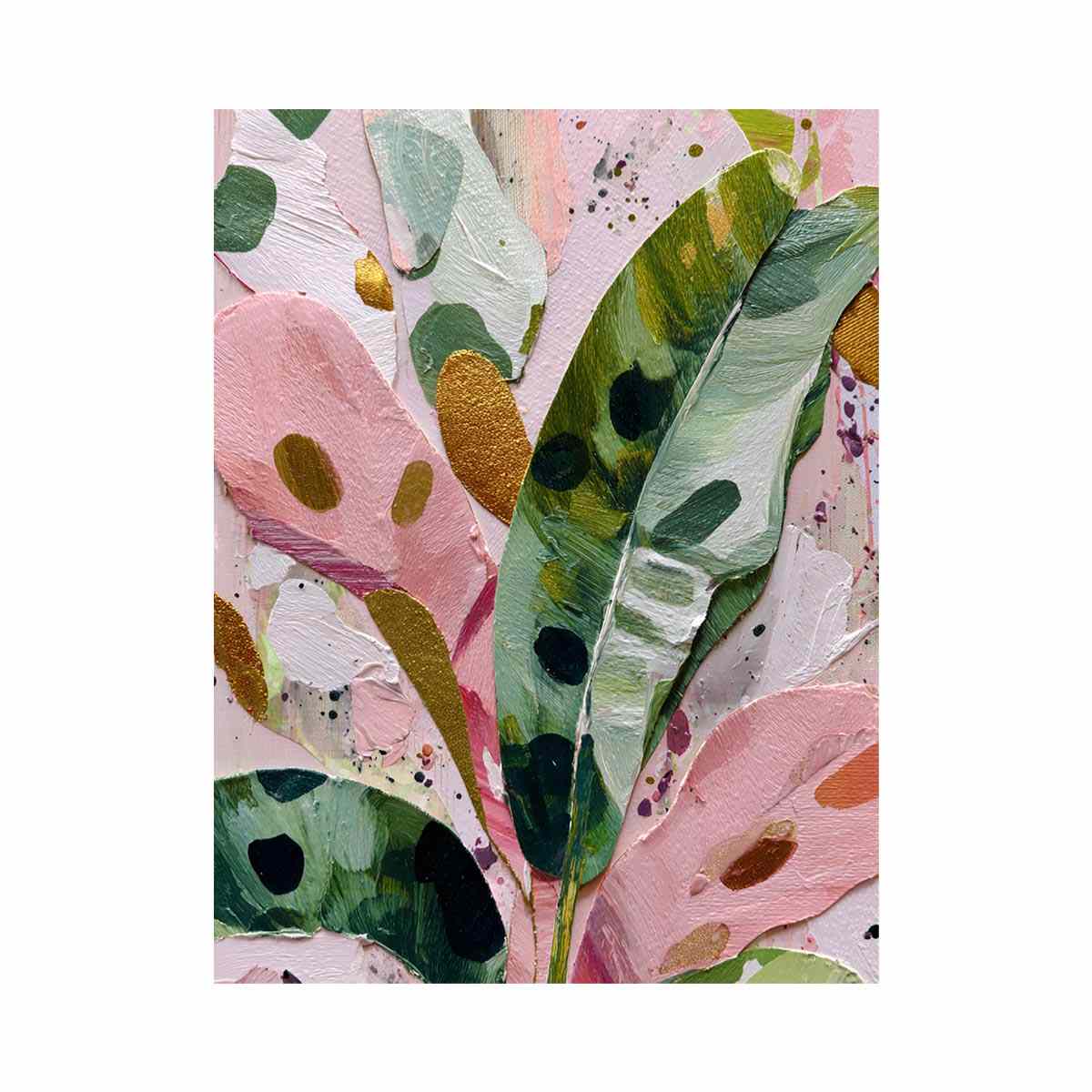 Colorful pink and green botanical canvas art for modern bedroom decor.