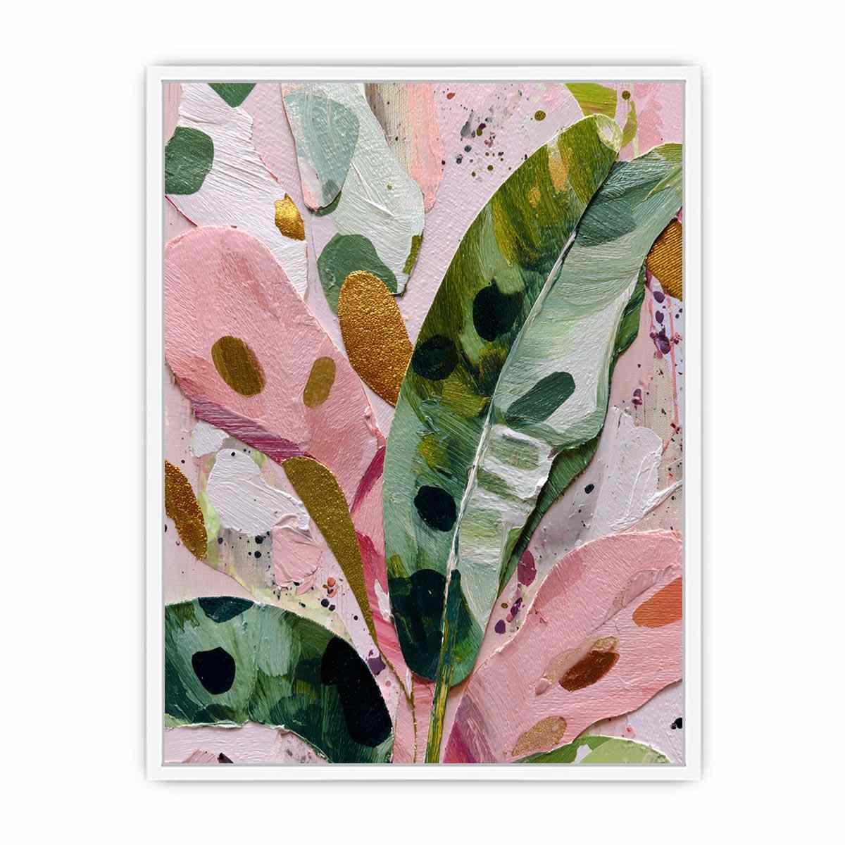 Colorful pink and green botanical canvas art for modern bedroom decor.