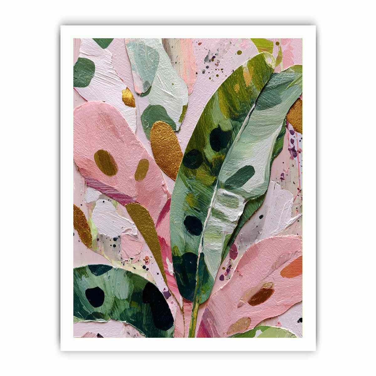 Colorful pink and green botanical canvas art for modern bedroom decor.