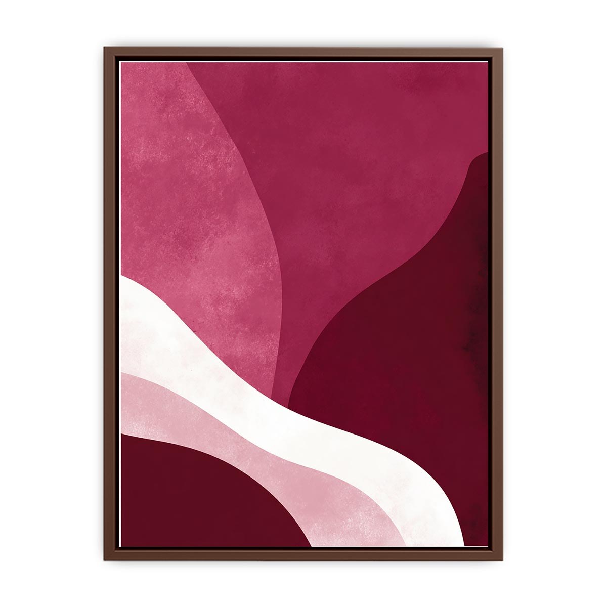 Bold burgundy abstract canvas art with curved forms for modern living room decor.