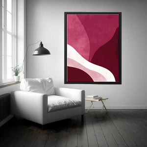 Bold burgundy abstract canvas art with curved forms for modern living room decor.