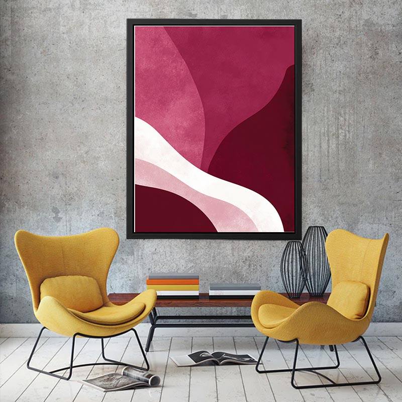 Bold burgundy abstract canvas art with curved forms for modern living room decor.