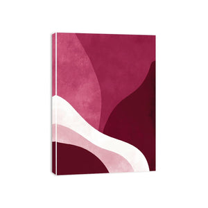 Bold burgundy abstract canvas art with curved forms for modern living room decor.
