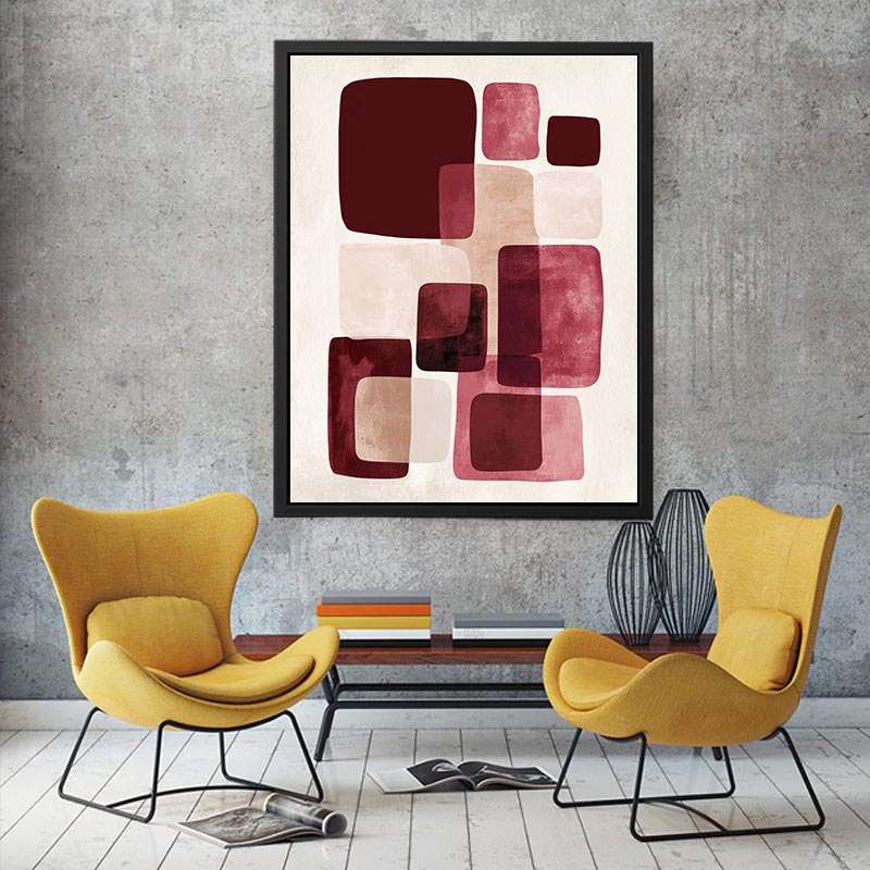 Modern burgundy geometric canvas art for warm bedroom decor.