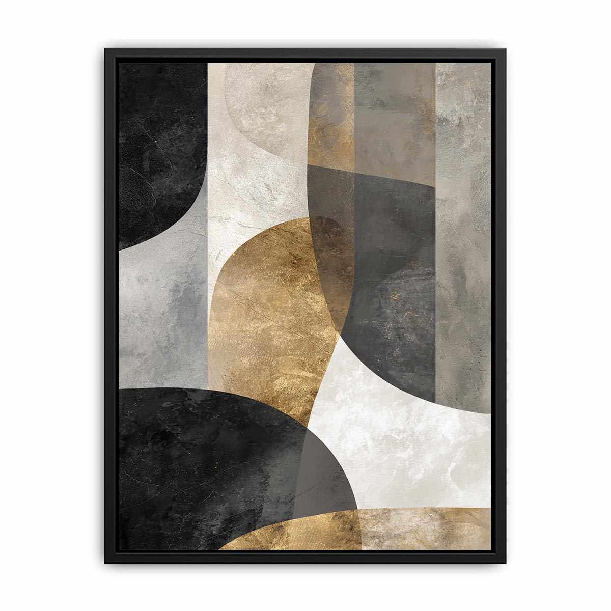 Black grey and gold abstract canvas art for luxury living room decor.