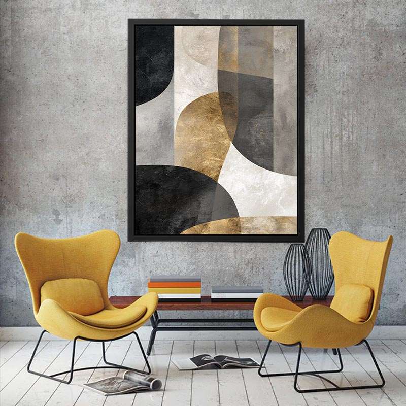 Black grey and gold abstract canvas art for luxury living room decor.