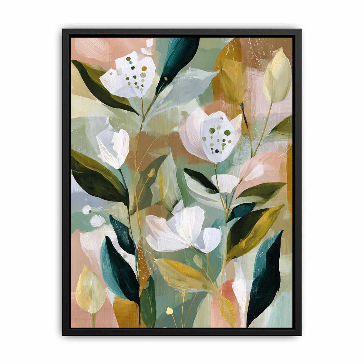 Soft botanical flower canvas art with sage green leaves for bedroom decor.
