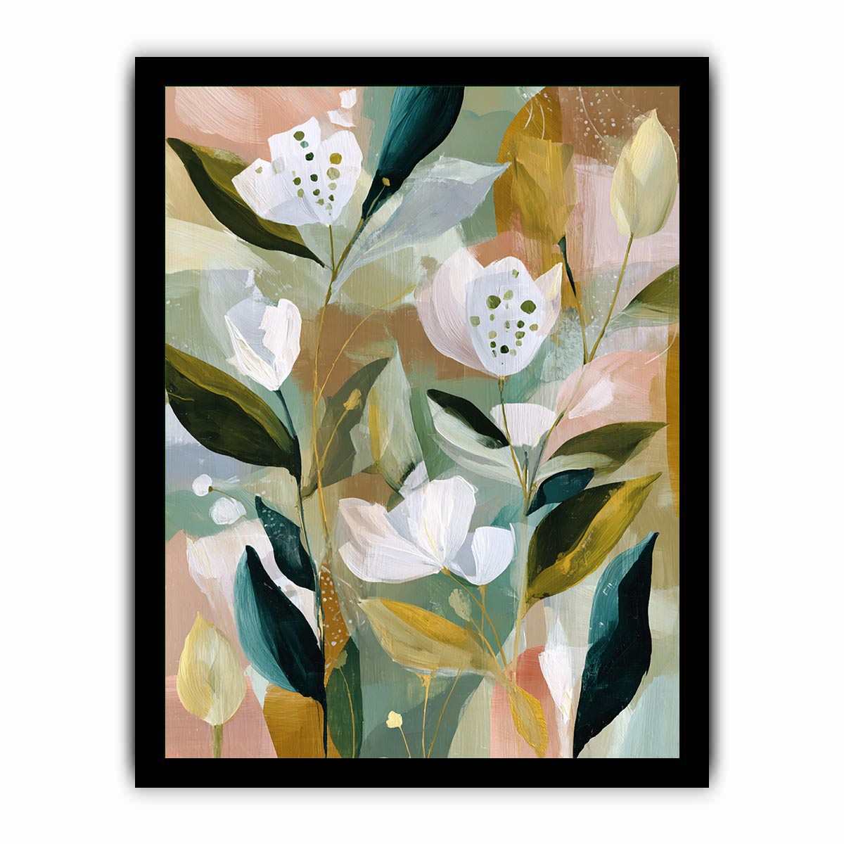 Soft botanical flower canvas art with sage green leaves for bedroom decor.