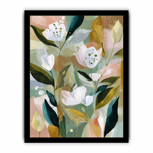Soft botanical flower canvas art with sage green leaves for bedroom decor.