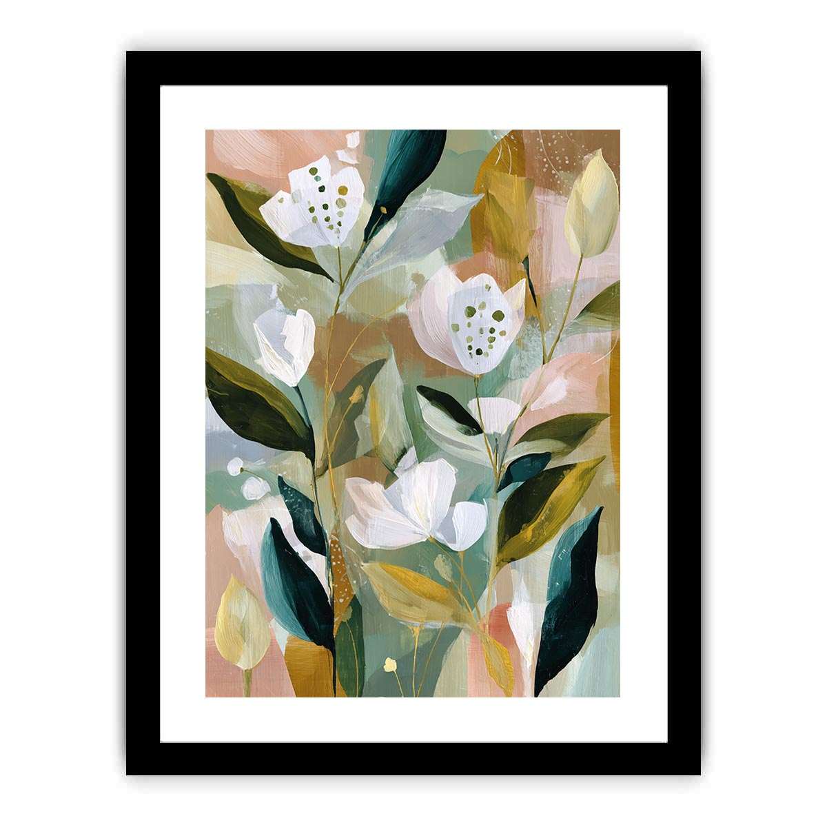 Soft botanical flower canvas art with sage green leaves for bedroom decor.