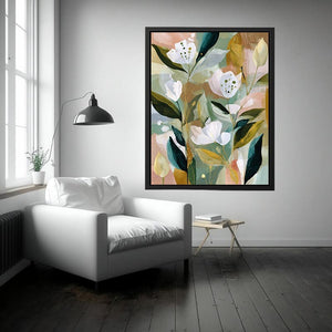 Soft botanical flower canvas art with sage green leaves for bedroom decor.