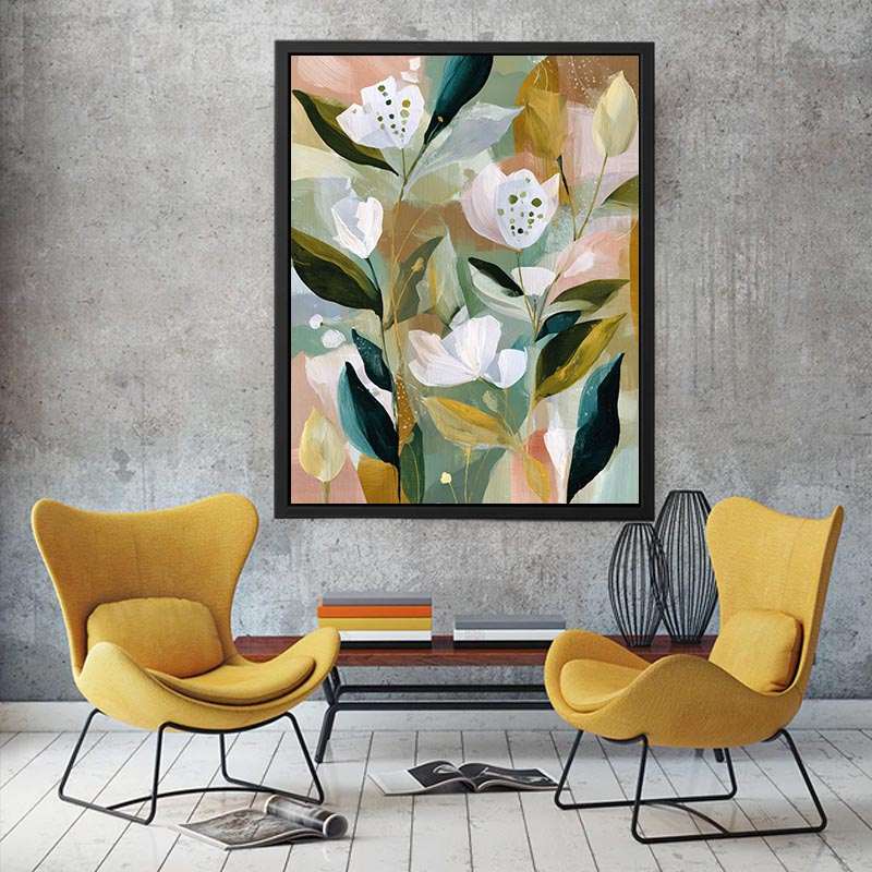 Soft botanical flower canvas art with sage green leaves for bedroom decor.