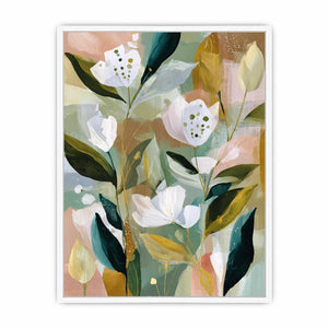 Soft botanical flower canvas art with sage green leaves for bedroom decor.