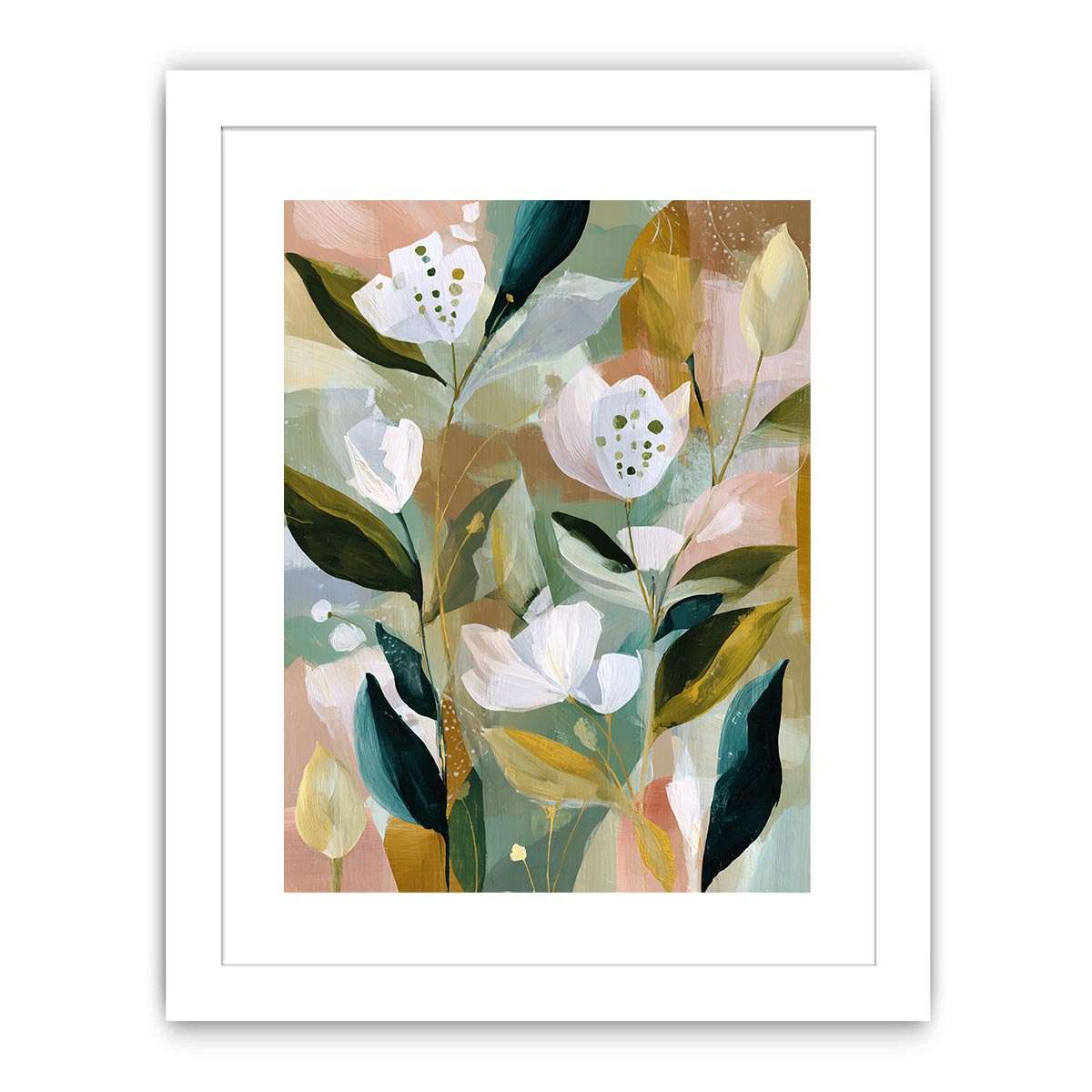 Soft botanical flower canvas art with sage green leaves for bedroom decor.