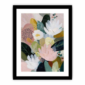 Soft abstract floral canvas art with blush flowers and green leaves for bedroom decor.