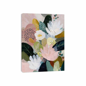 Soft abstract floral canvas art with blush flowers and green leaves for bedroom decor.