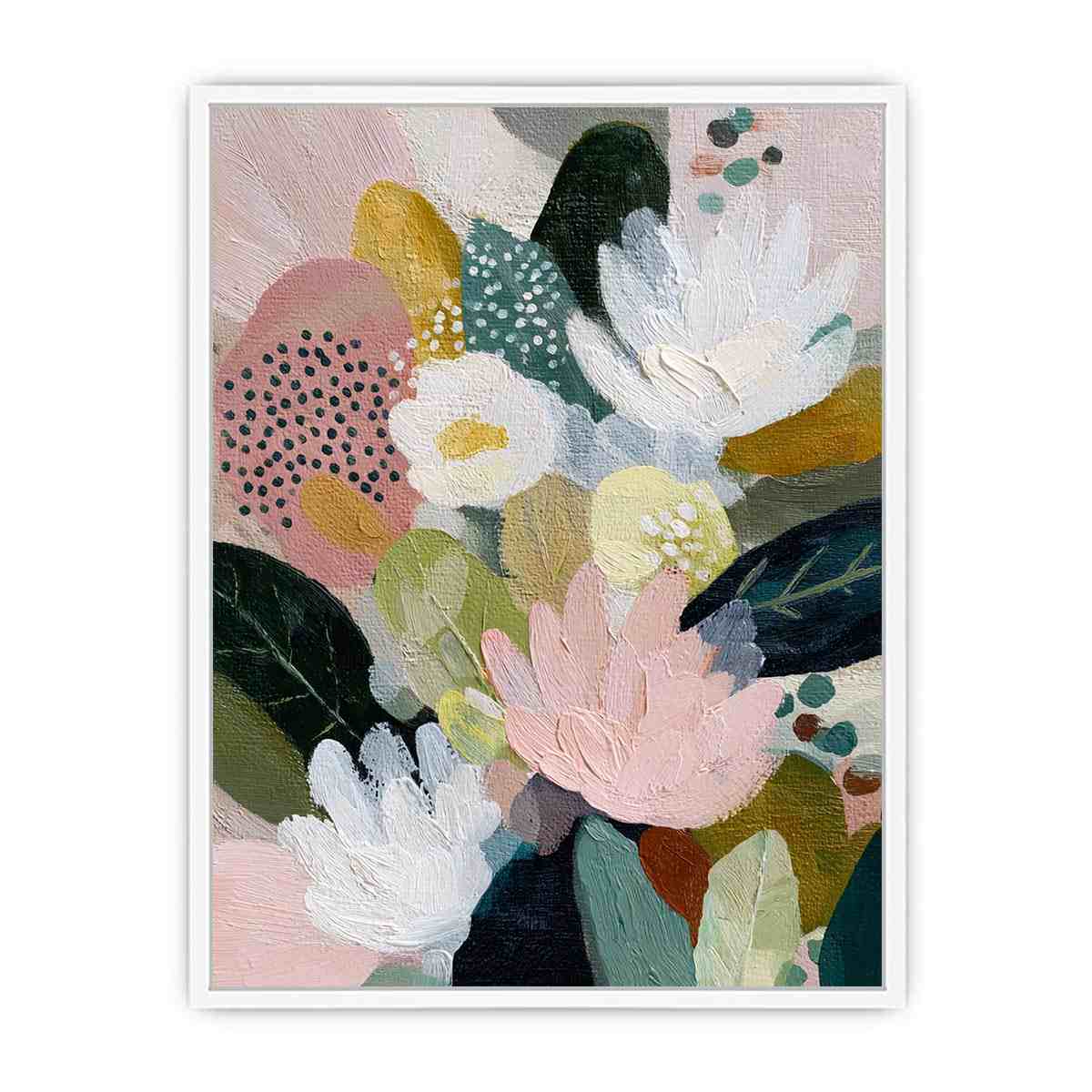 Soft abstract floral canvas art with blush flowers and green leaves for bedroom decor.
