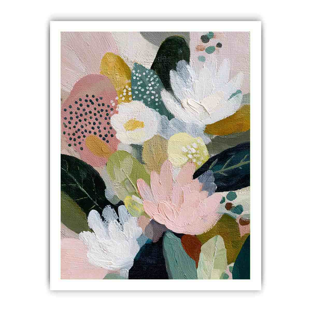 Soft abstract floral canvas art with blush flowers and green leaves for bedroom decor.