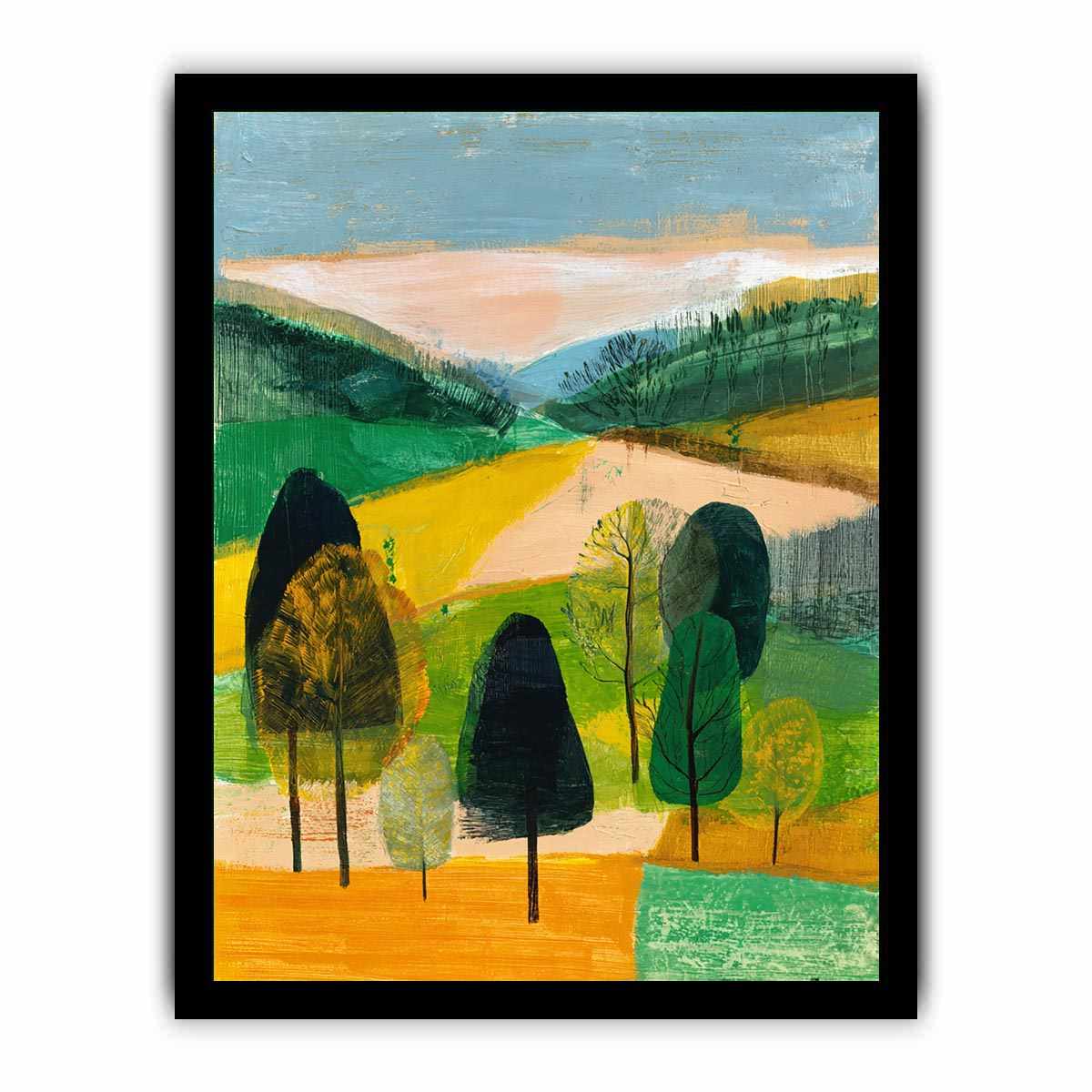 Modern abstract landscape canvas art with trees and green hills for living room decor.