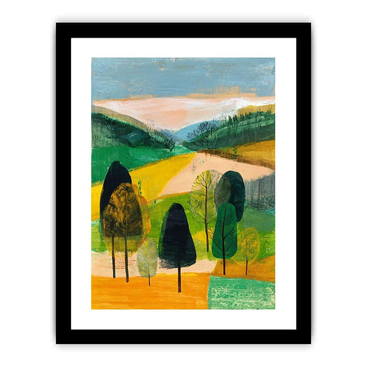 Modern abstract landscape canvas art with trees and green hills for living room decor.