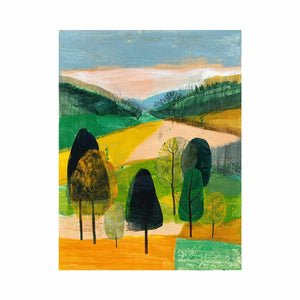 Modern abstract landscape canvas art with trees and green hills for living room decor.
