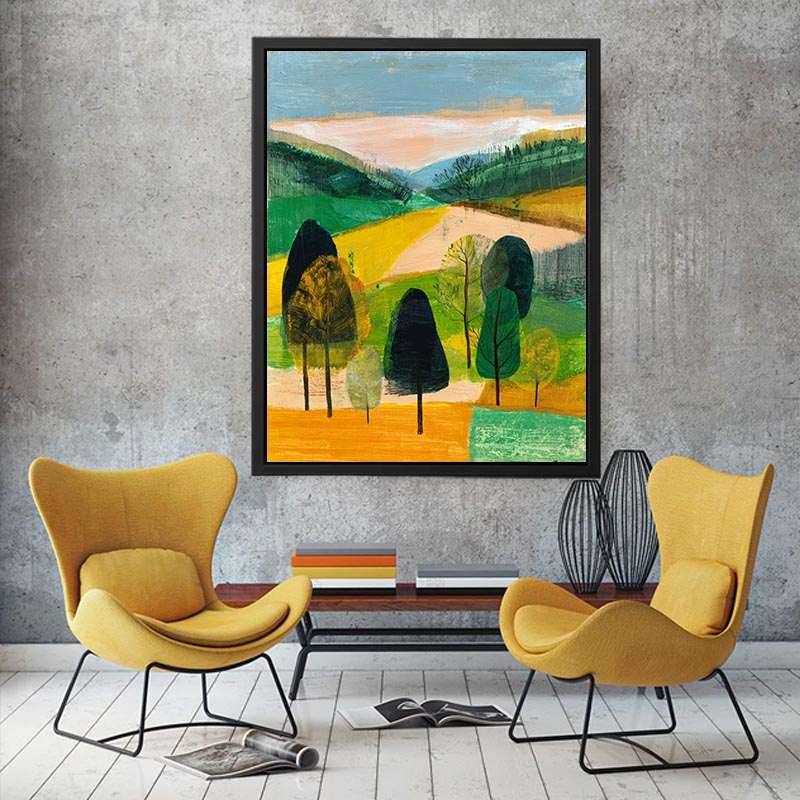 Modern abstract landscape canvas art with trees and green hills for living room decor.