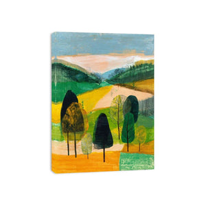 Modern abstract landscape canvas art with trees and green hills for living room decor.