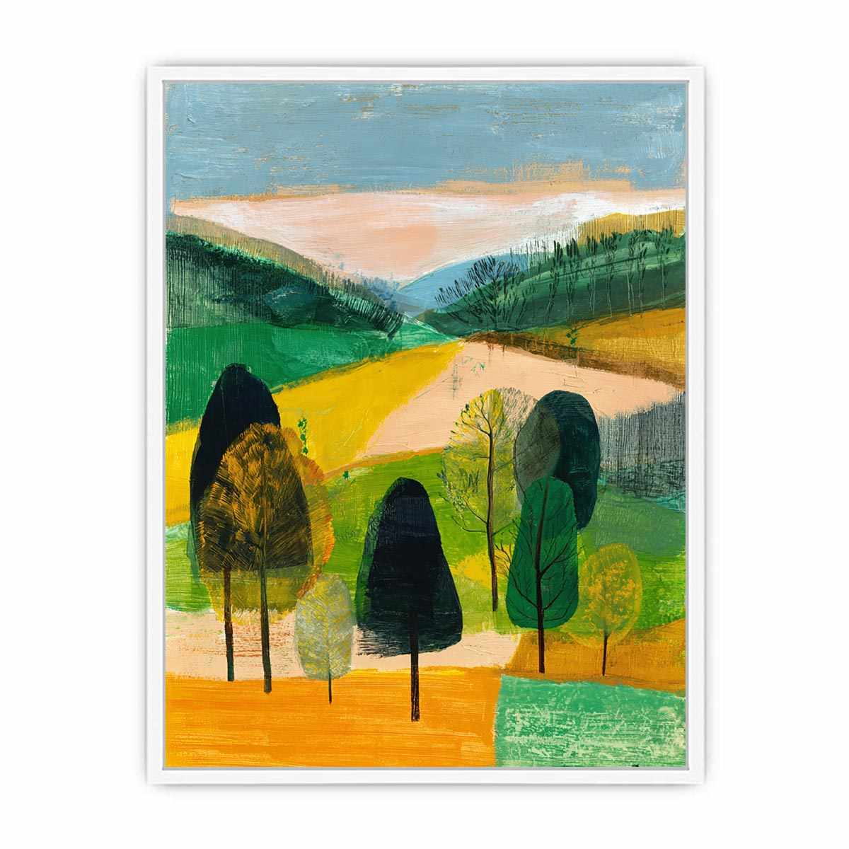 Modern abstract landscape canvas art with trees and green hills for living room decor.