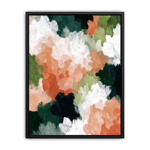Abstract peach floral canvas art with white blooms and green leaves for modern decor.