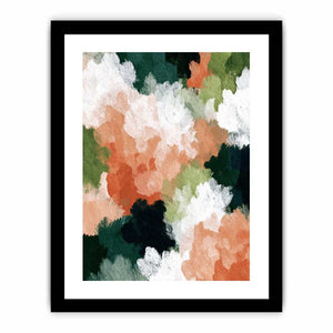 Abstract peach floral canvas art with white blooms and green leaves for modern decor.
