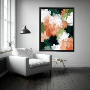 Abstract peach floral canvas art with white blooms and green leaves for modern decor.