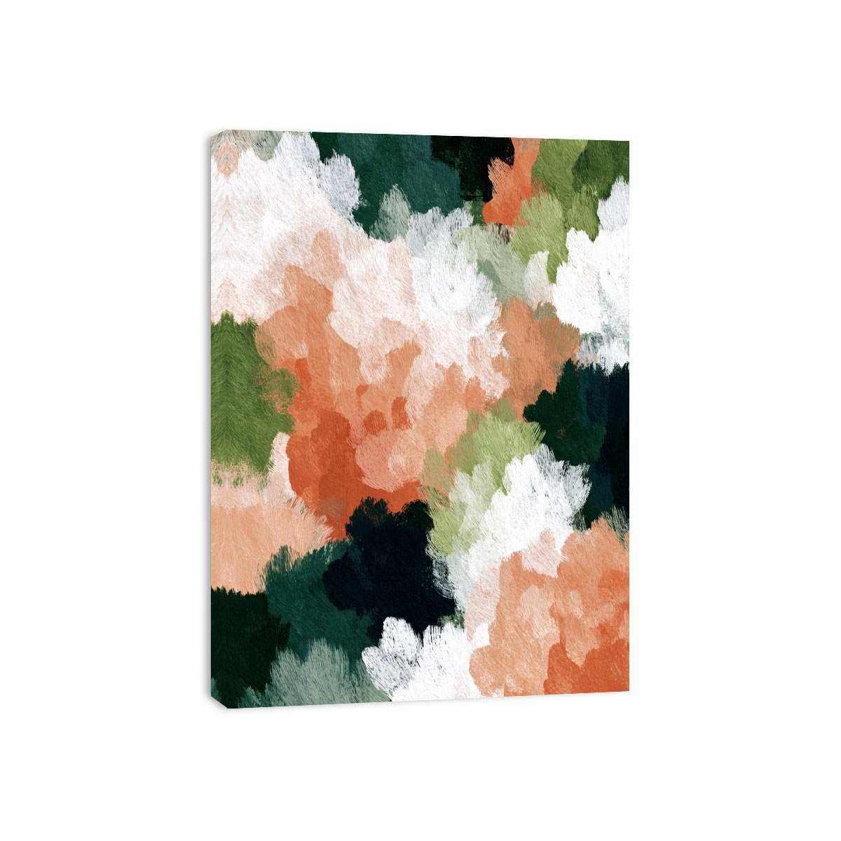 Abstract peach floral canvas art with white blooms and green leaves for modern decor.