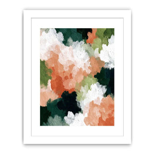 Abstract peach floral canvas art with white blooms and green leaves for modern decor.