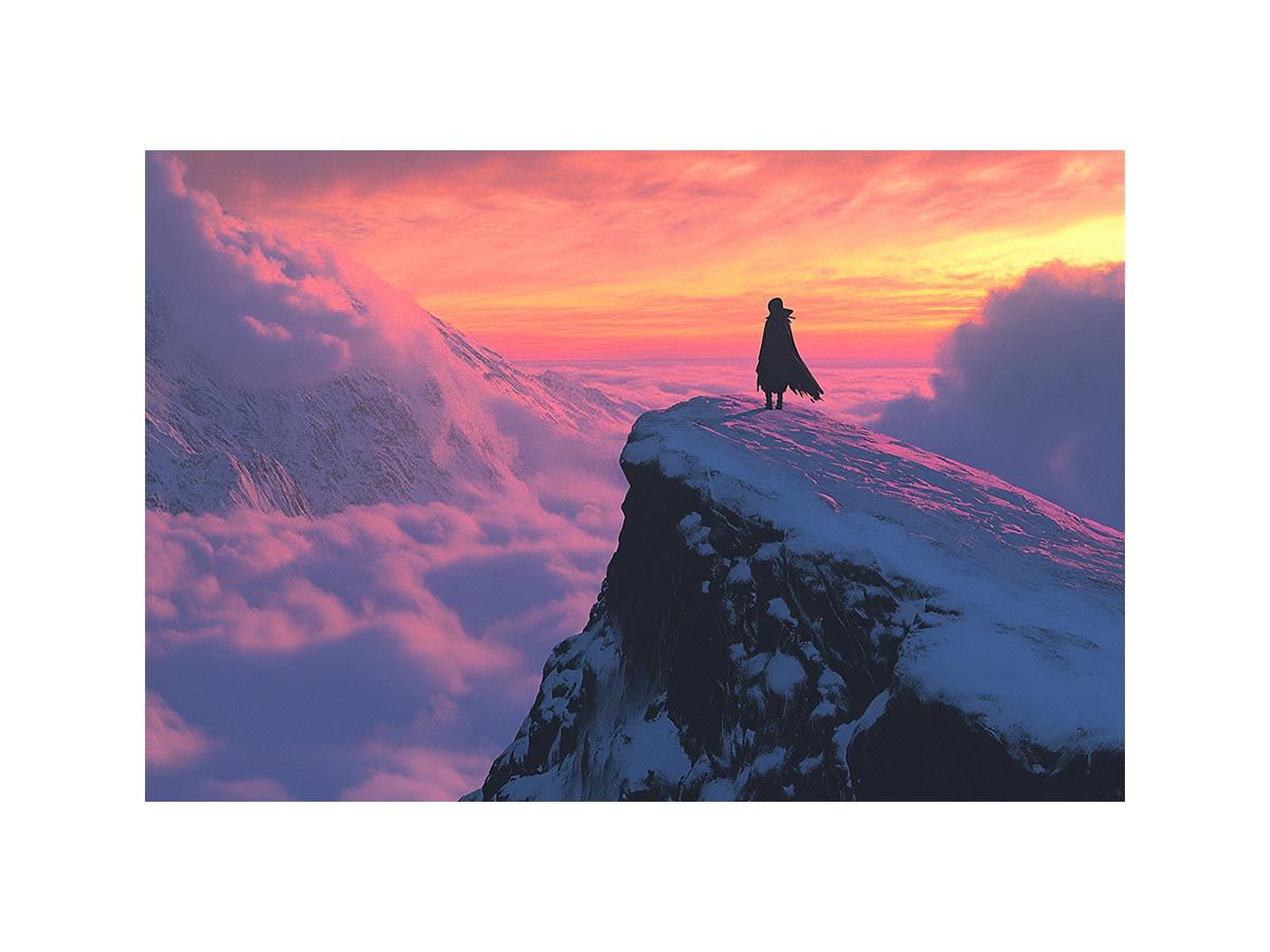 Dramatic mountain summit canvas art with sunset sky for modern office decor.