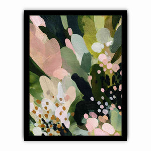 Sage green botanical canvas art with pink florals and leafy abstract details for bedroom decor.